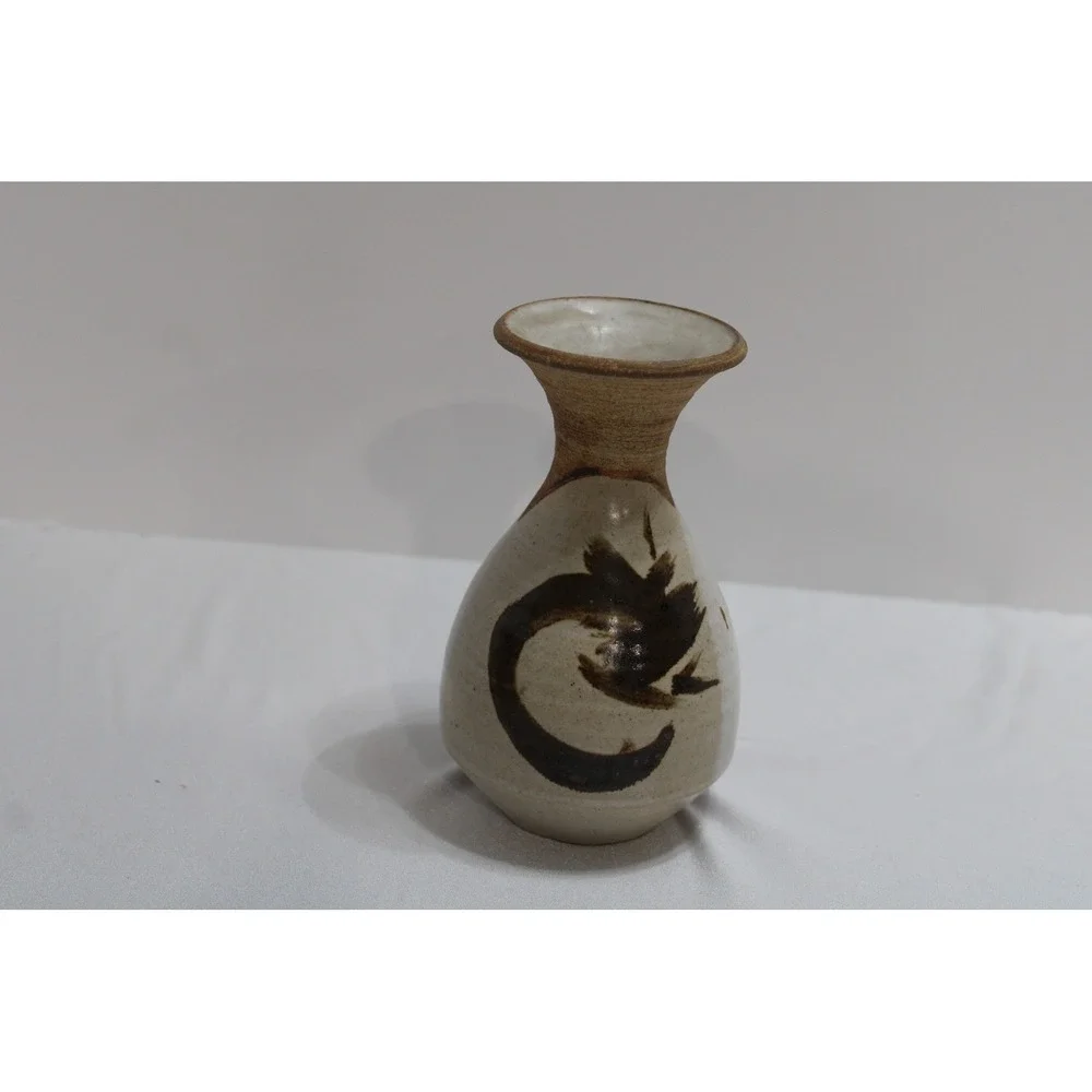 Studio Pottery Bud Vase Handcrafted Stoneware Abstract Brown Brushstrokes 5.25